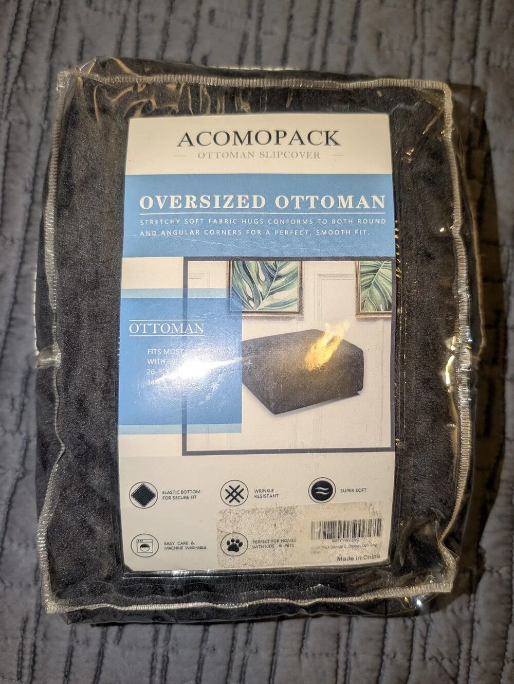Grey Ottoman Cover Velvet Stretch Footstool SlipCover Soft Rectangle Acompack